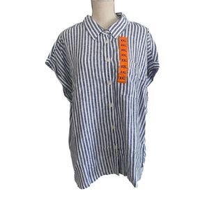 Women's Orvis Blue/White Striped Linen Blend Short Sleeve Shirt Size XXL  NWT